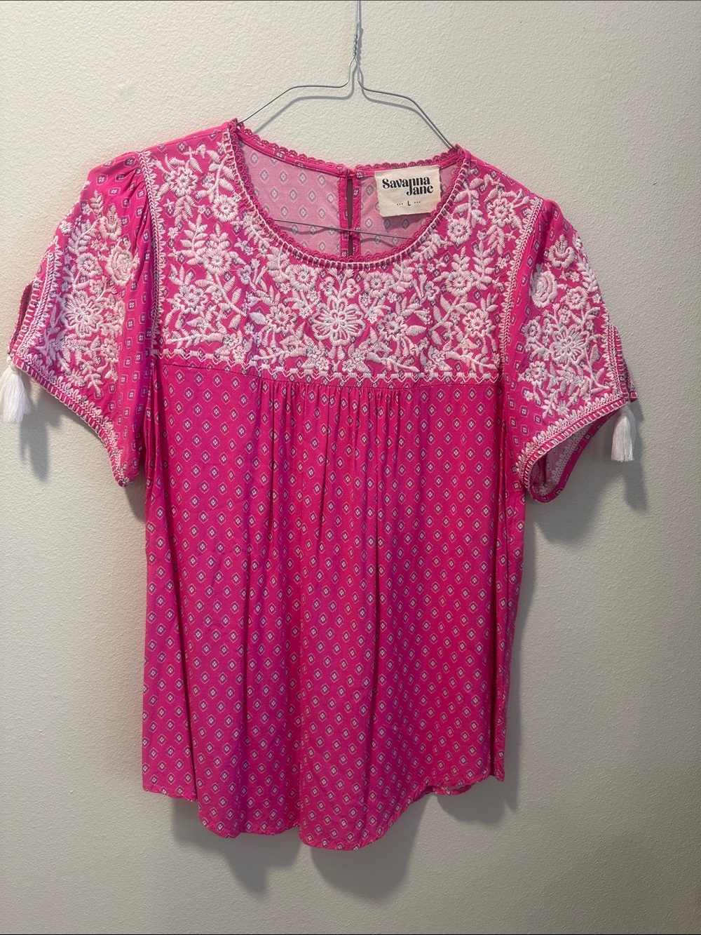 Savanna Jane Hot Pink Embroidered Tassel Sleeve Blouse